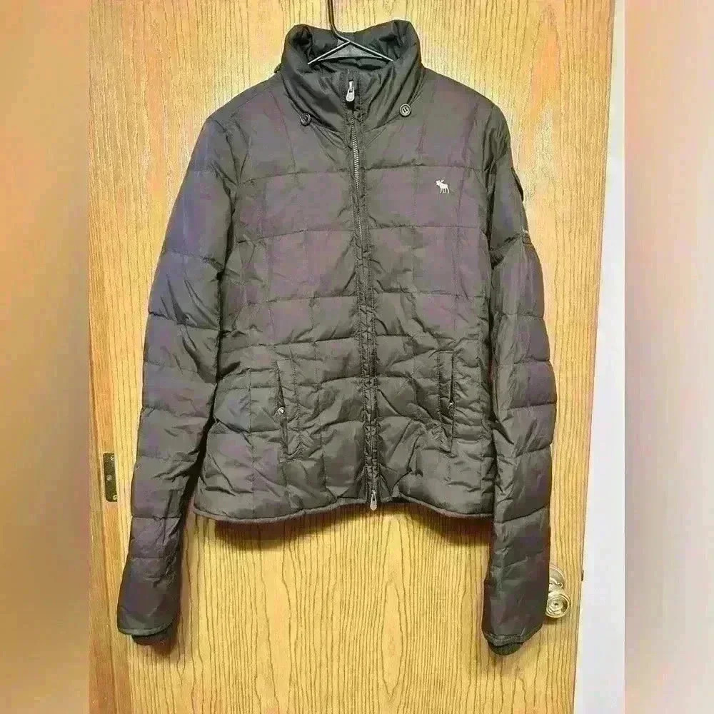 Abercrombie & Fitch Women Puffer Jacket Medium Brown Crop Down Faux Fur Full Zip